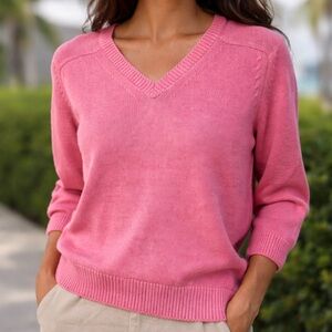 Lands End Sweater Womens Medium Cotton Knit V Neck Long Sleeve Pink 90s